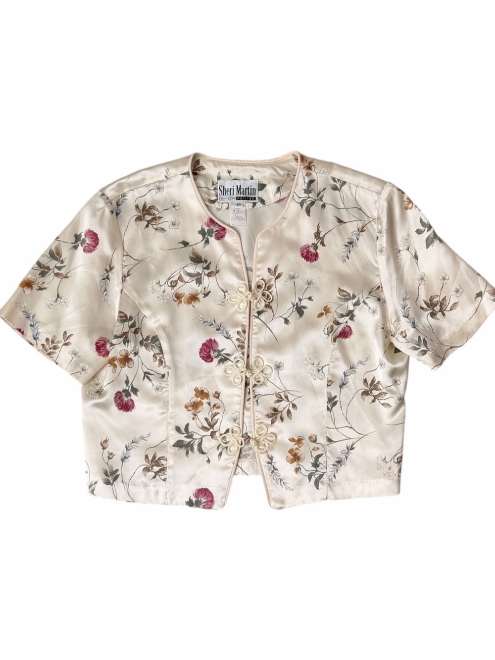 Vintage Sherri Martin Floral Satin Frog Closure Mandarin Blouse Top Size 14